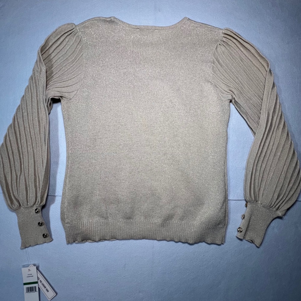 Nanette Lepore Metallic Champagne Gold Pleated Balloon Sleeve Sweater Large NWT